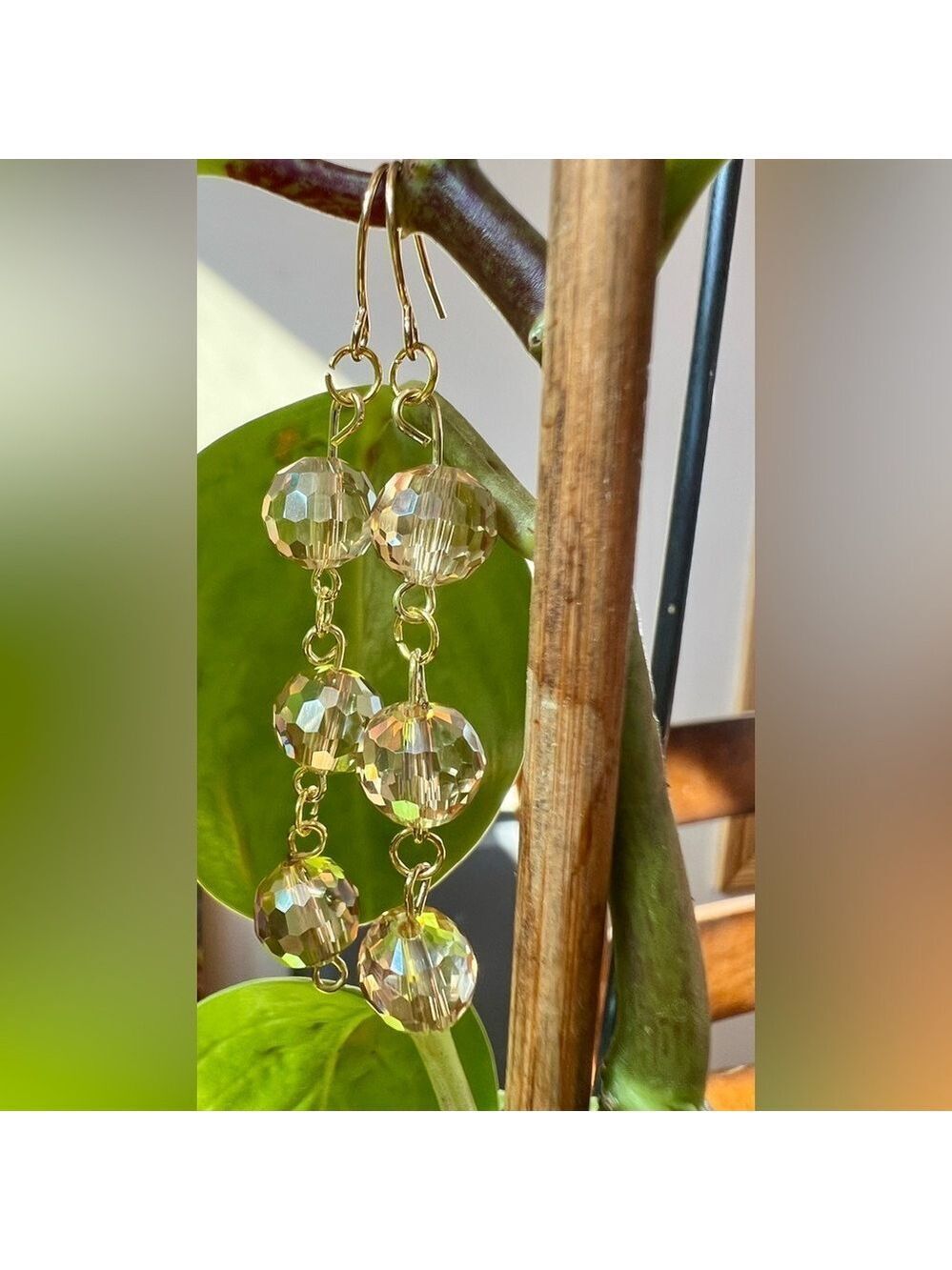Handcrafted Champagne and Gold Crystal Drop Earrings w/ Gold Hoop Back